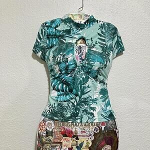 Guess Y2K 2000s McBling Blue Green High Tropical Neck Keyhole Front Baby Tee Med